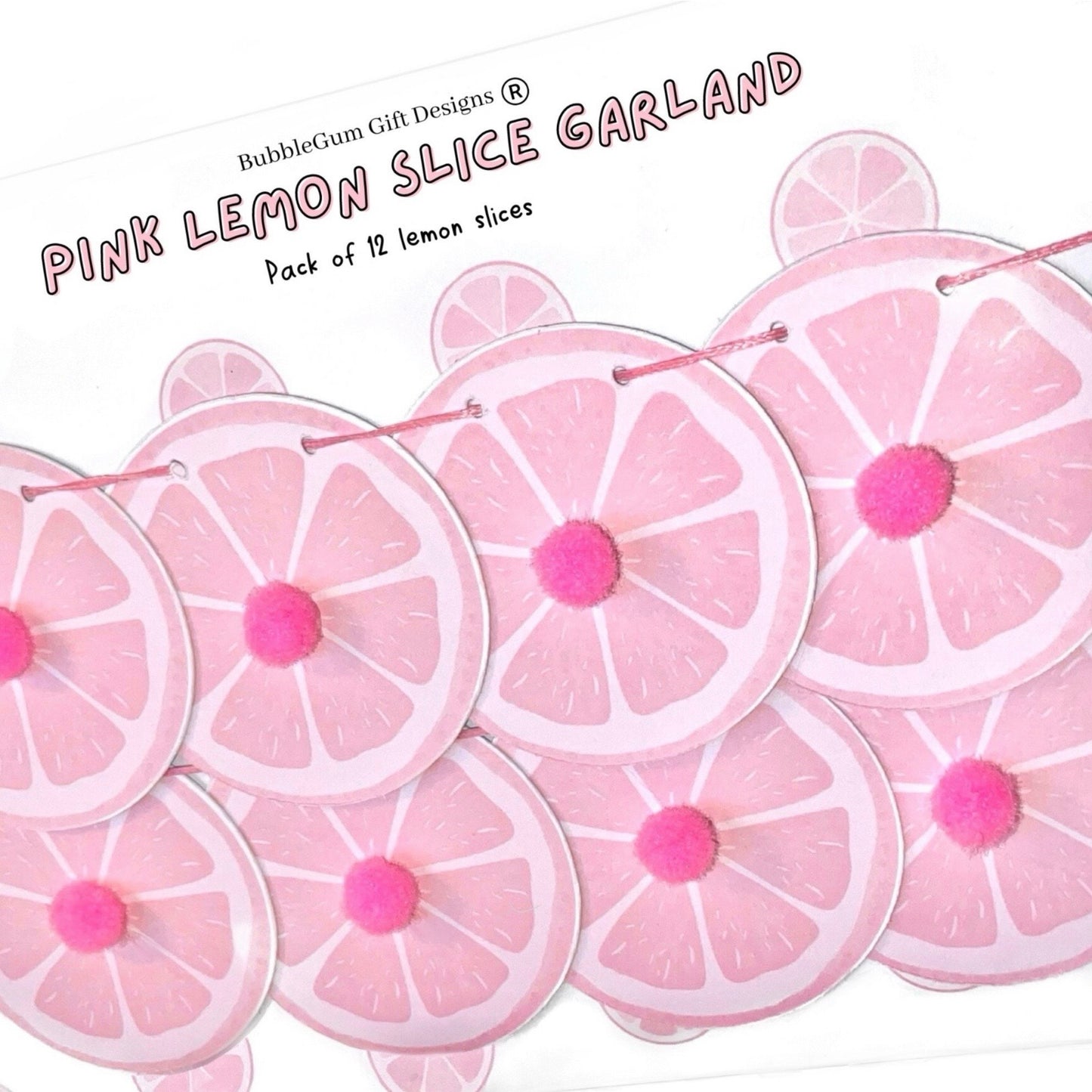 Pink lemon mini garland with pom poms Lemon decor for pink lemonade party or Summer Birthday Mini lemon
