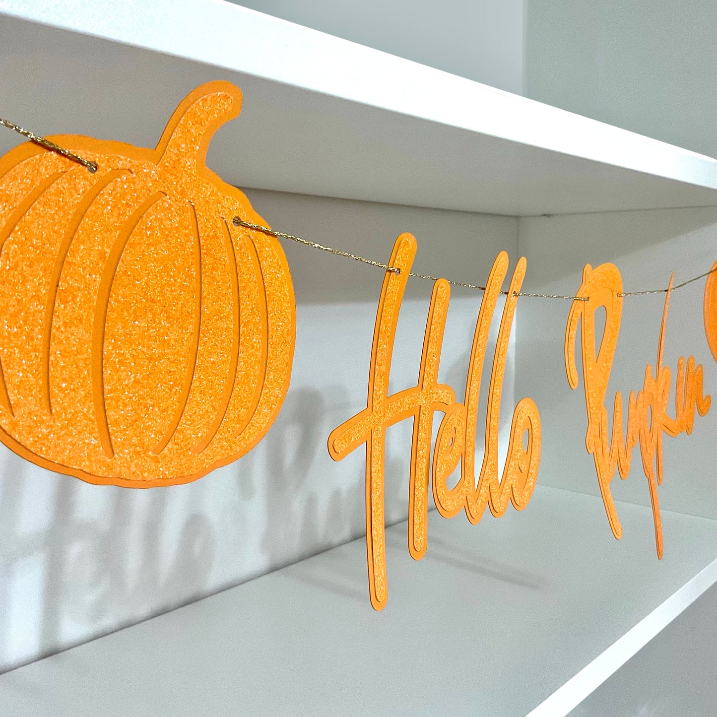Hello Pumpkin Autumn Banner - Orange Glitter Fall Decorations