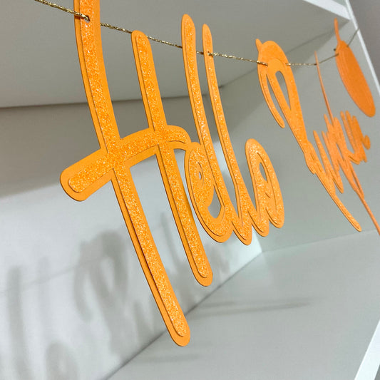 Hello Pumpkin Autumn Banner - Orange Glitter Fall Decorations