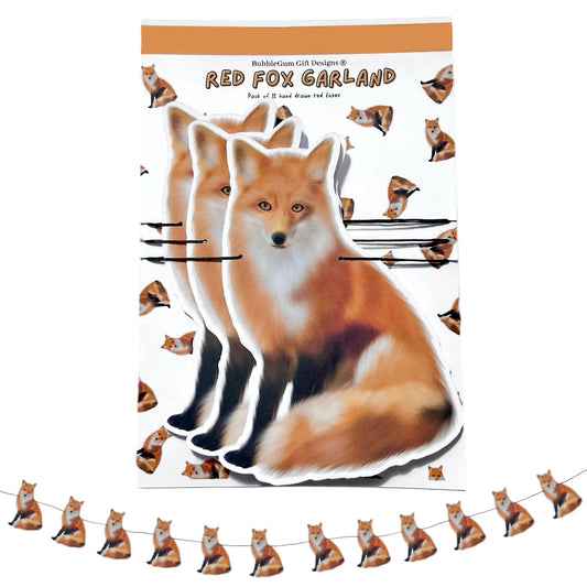 Hand drawn red fox illustration paper bunting printed on premium card stock 250gsm, printed in colour. 12 foxes to the garland measuring 90inches long or 7ft 5inches. Each fox measures 10cm wide by 14.5cm tall, all attached to black string and attached to their own packing slip so they reach you in perfect condition. Just unravel the foxes from the packing slip and they are ready to hang straight away. Perfect decorations for a fox birthday party or woodland themed baby shower.