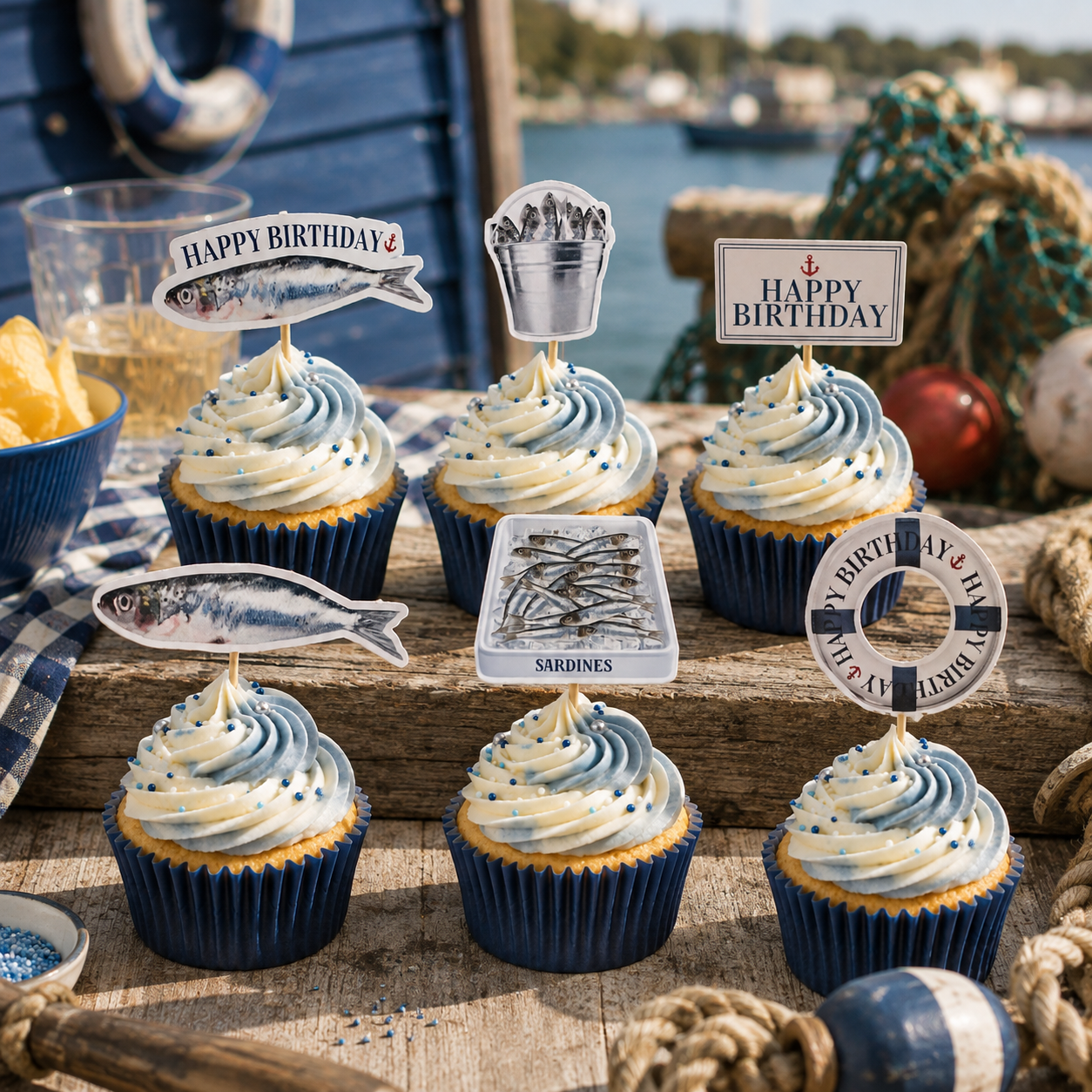 Sardine cupcake toppers nautical theme birthday party Funny seaside fish cupcake decorations