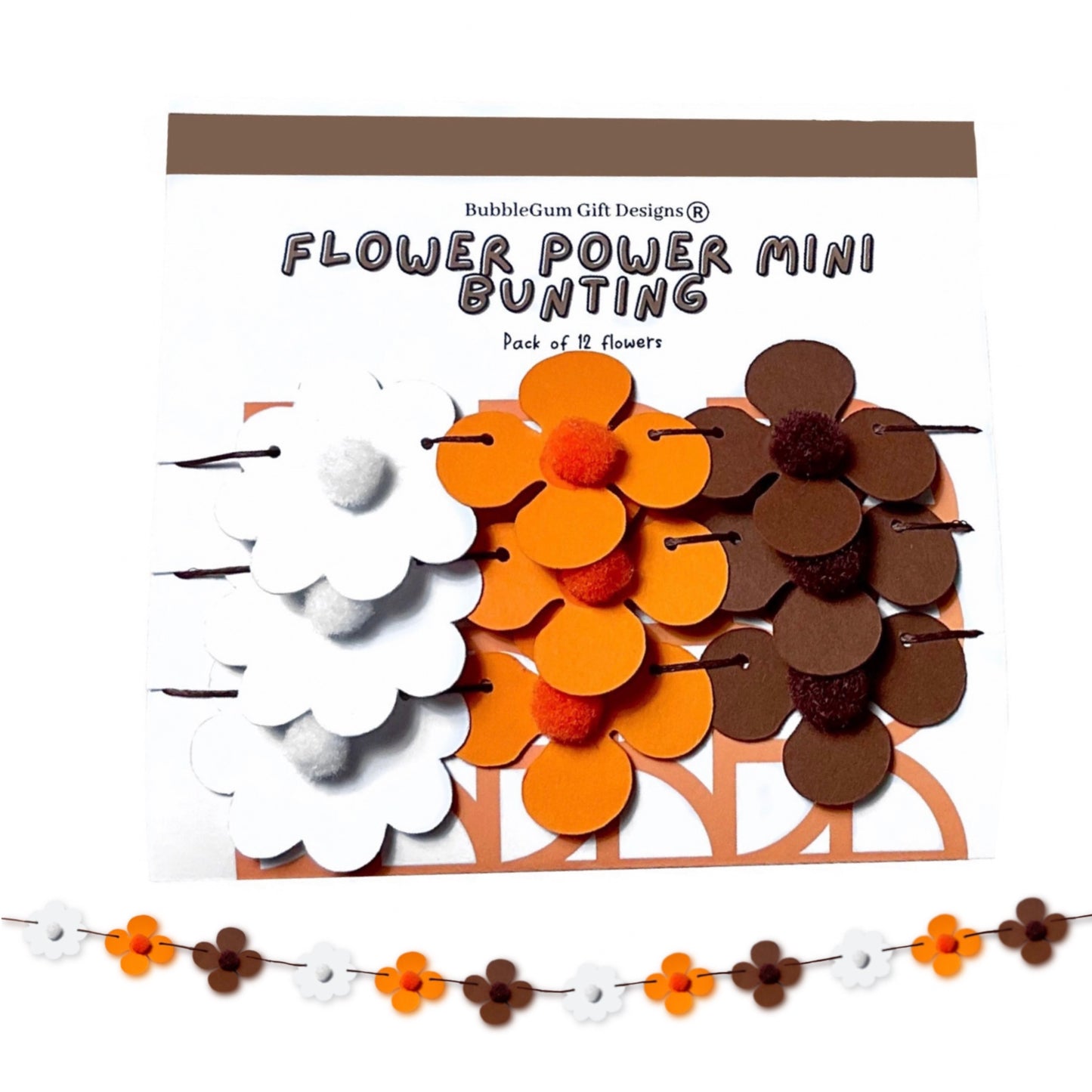 Mini Autumn Flower Garland 70s Retro Bunting Brown Orange & White