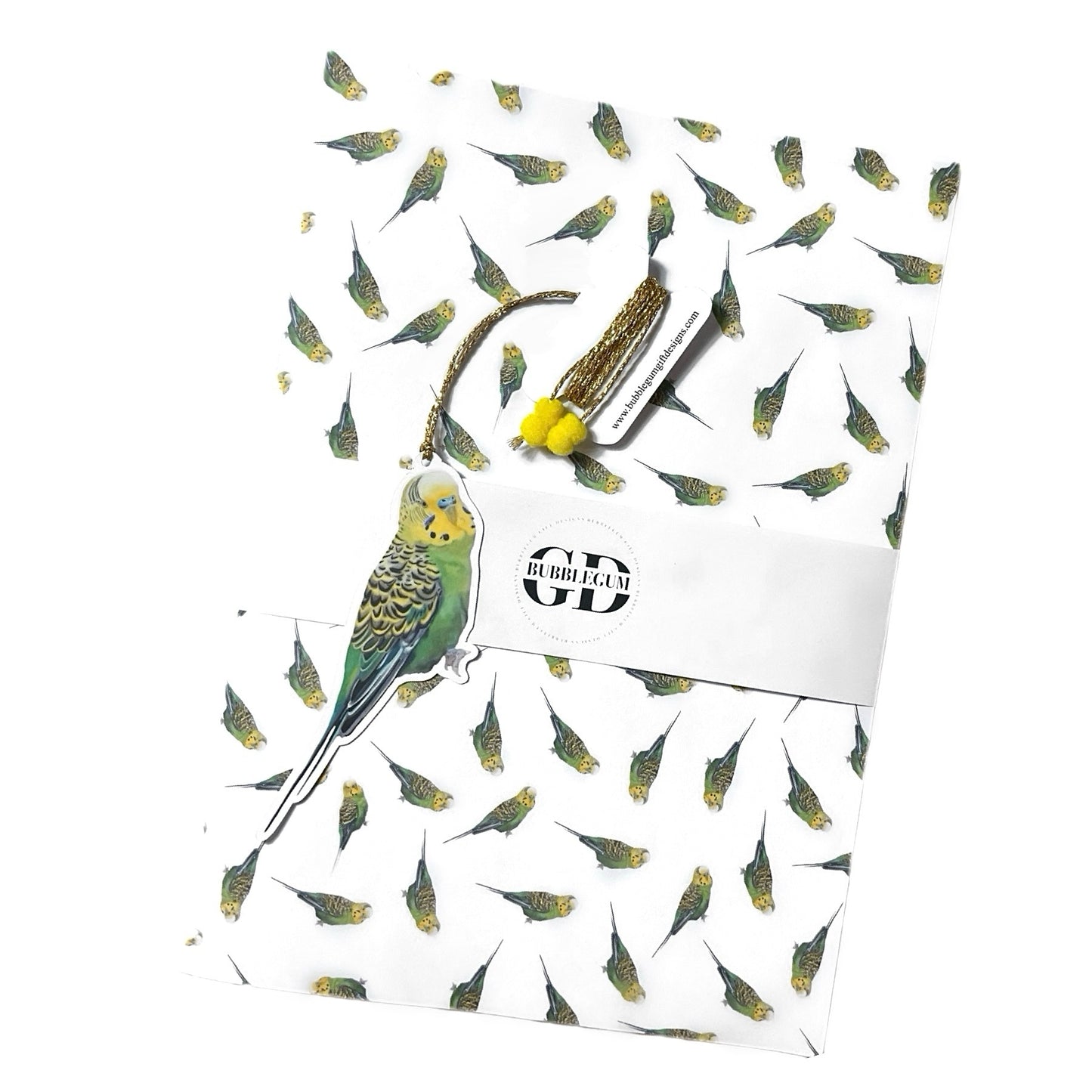 A3 Green Budgie Budgerigar Gift Wrap Paper Sheet & Tag with Pom Poms