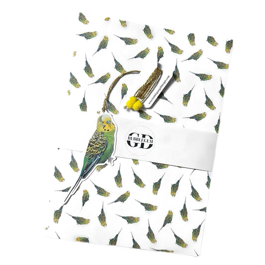 A3 Green Budgie Budgerigar Gift Wrap Paper Sheet & Tag with Pom Poms