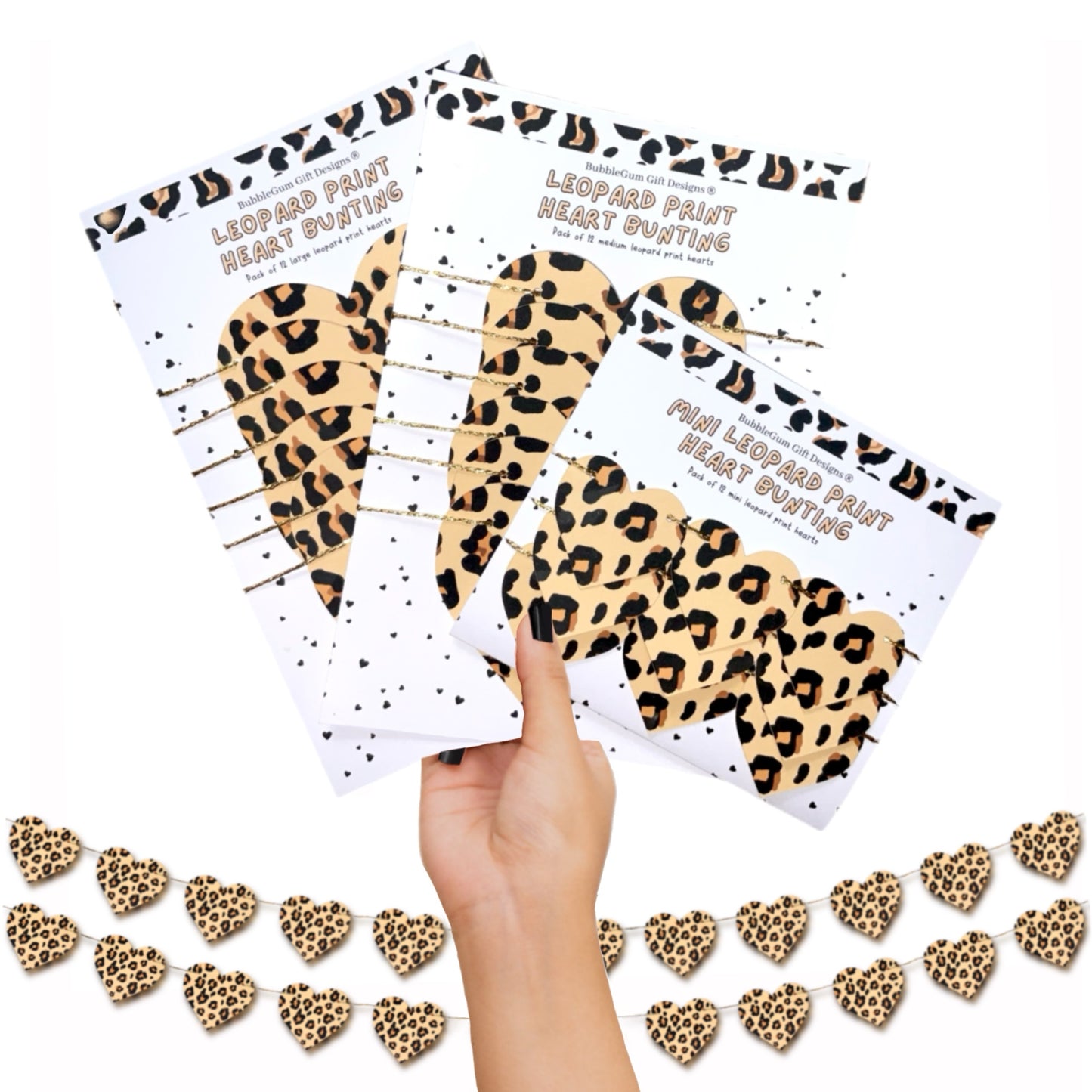 Leopard print heart shape bunting decorations for Valentines Day, available in three sizes - Mini, Medium and Larger, attached with shiny gold twine for that added retro style sassy animal print vibe.