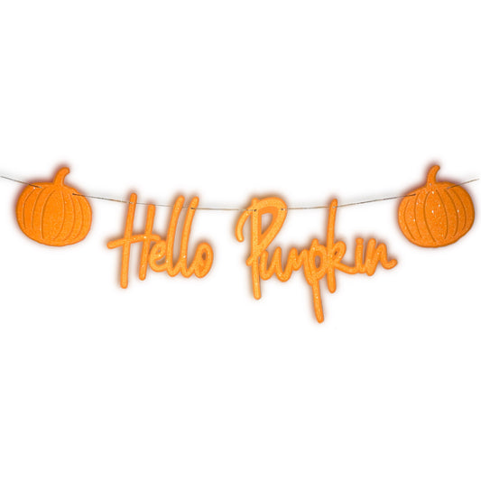 Hello Pumpkin Autumn Banner - Orange Glitter Fall Decorations