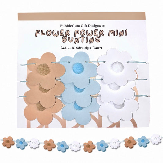 Mini neutral flower garland basket decorations Blue and white and beige floral 70s daisy bunting with pompoms, Birthday baby decor