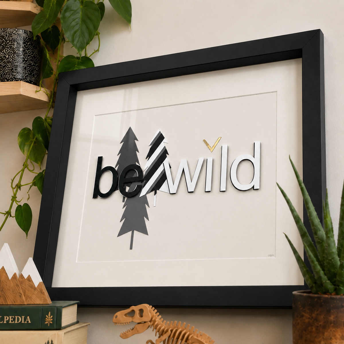 Kids room art quote black and white layered typography minimalist wall art ‘Be Wild’ handmade