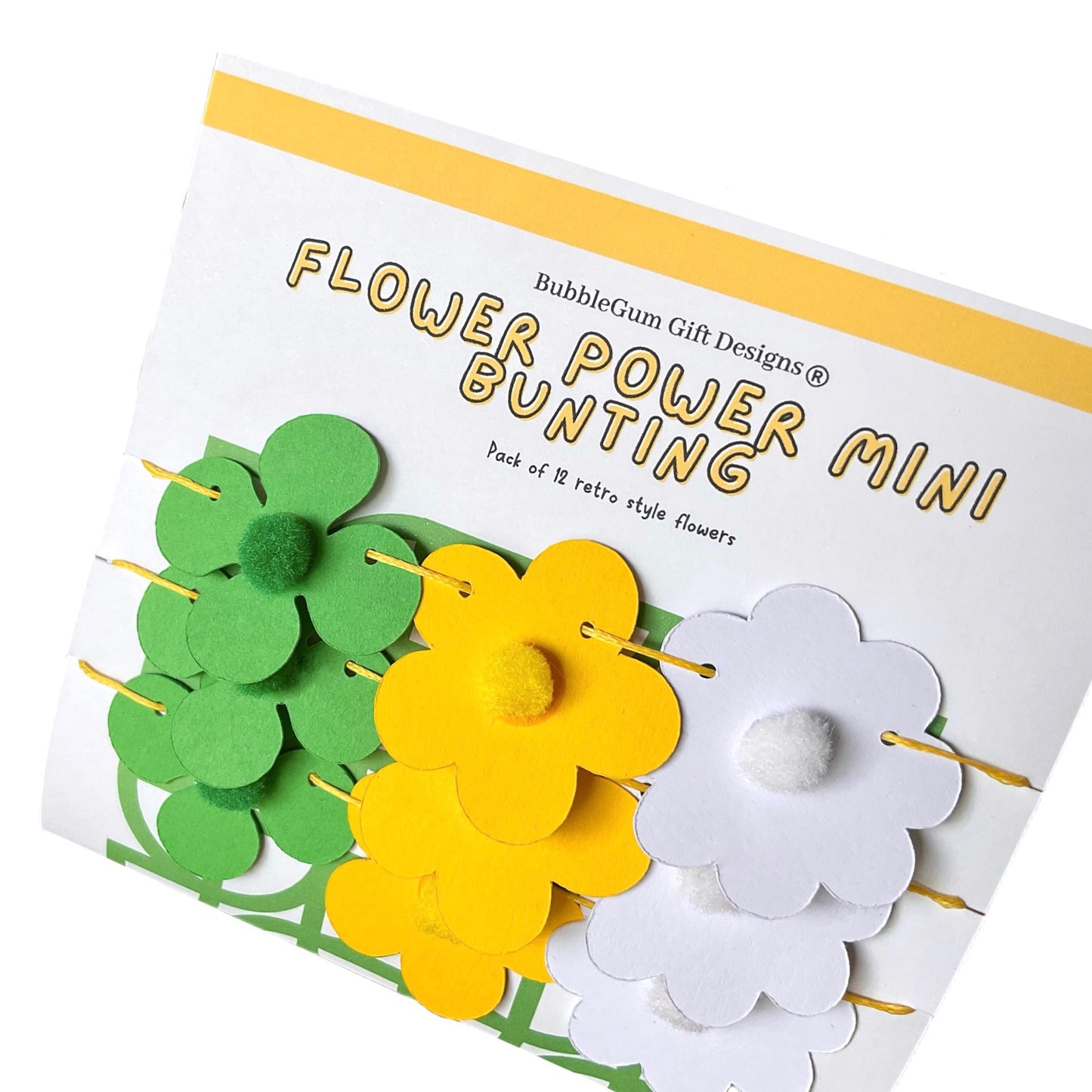 Mini Retro Flower Bunting – Green & Yellow 70s Daisy Garland with Pom Pom centres