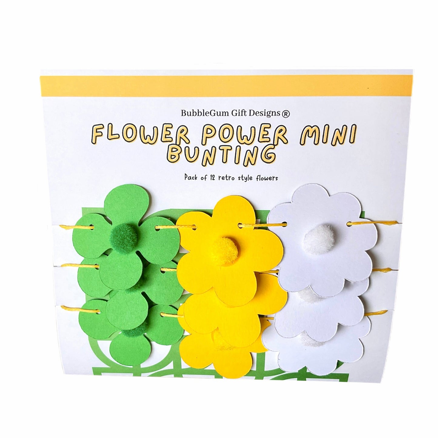 Mini Retro Flower Bunting – Green & Yellow 70s Daisy Garland with Pom Pom centres