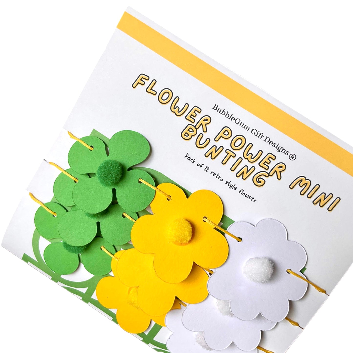 Mini Retro Flower Bunting – Green & Yellow 70s Daisy Garland with Pom Pom centres