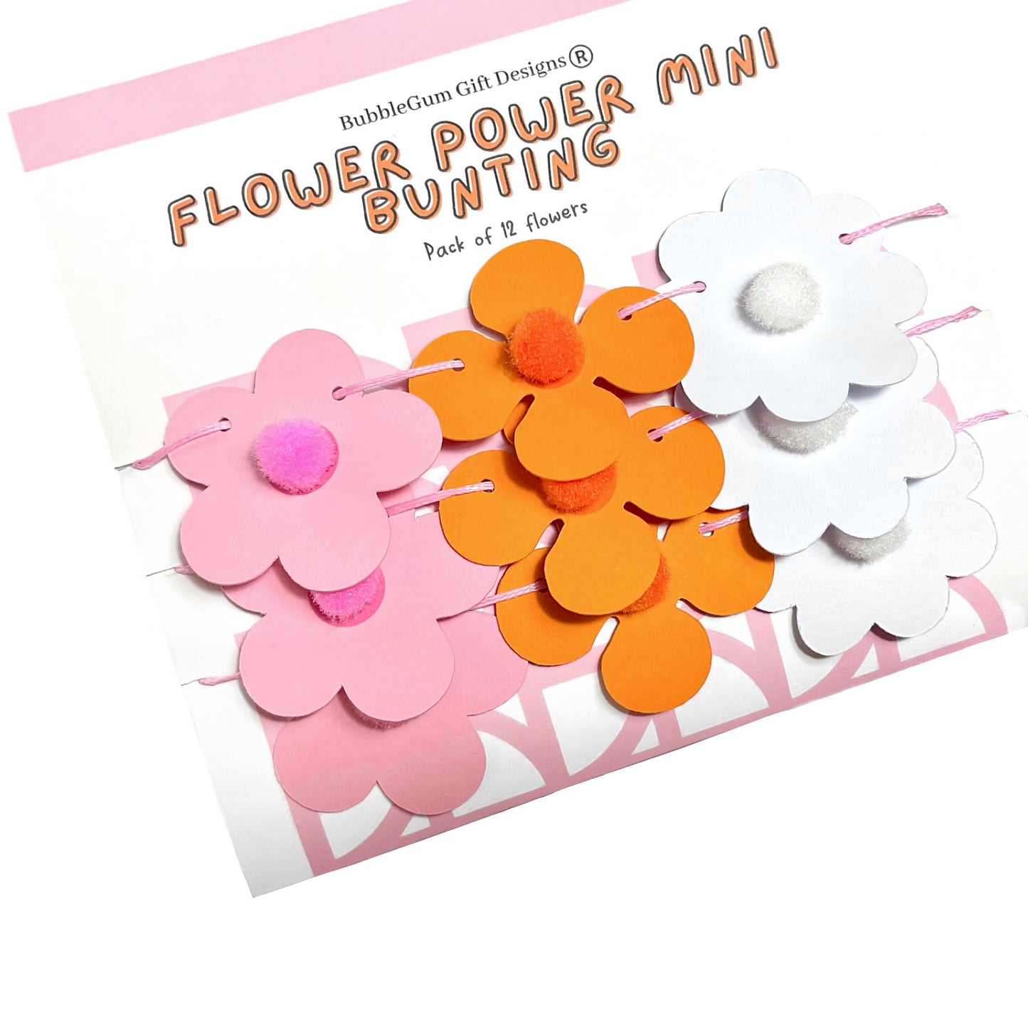 Mini Retro Pink & Orange Flower Garland – 70s-Inspired Bunting with Pom Pom Centres for Groovy Decor