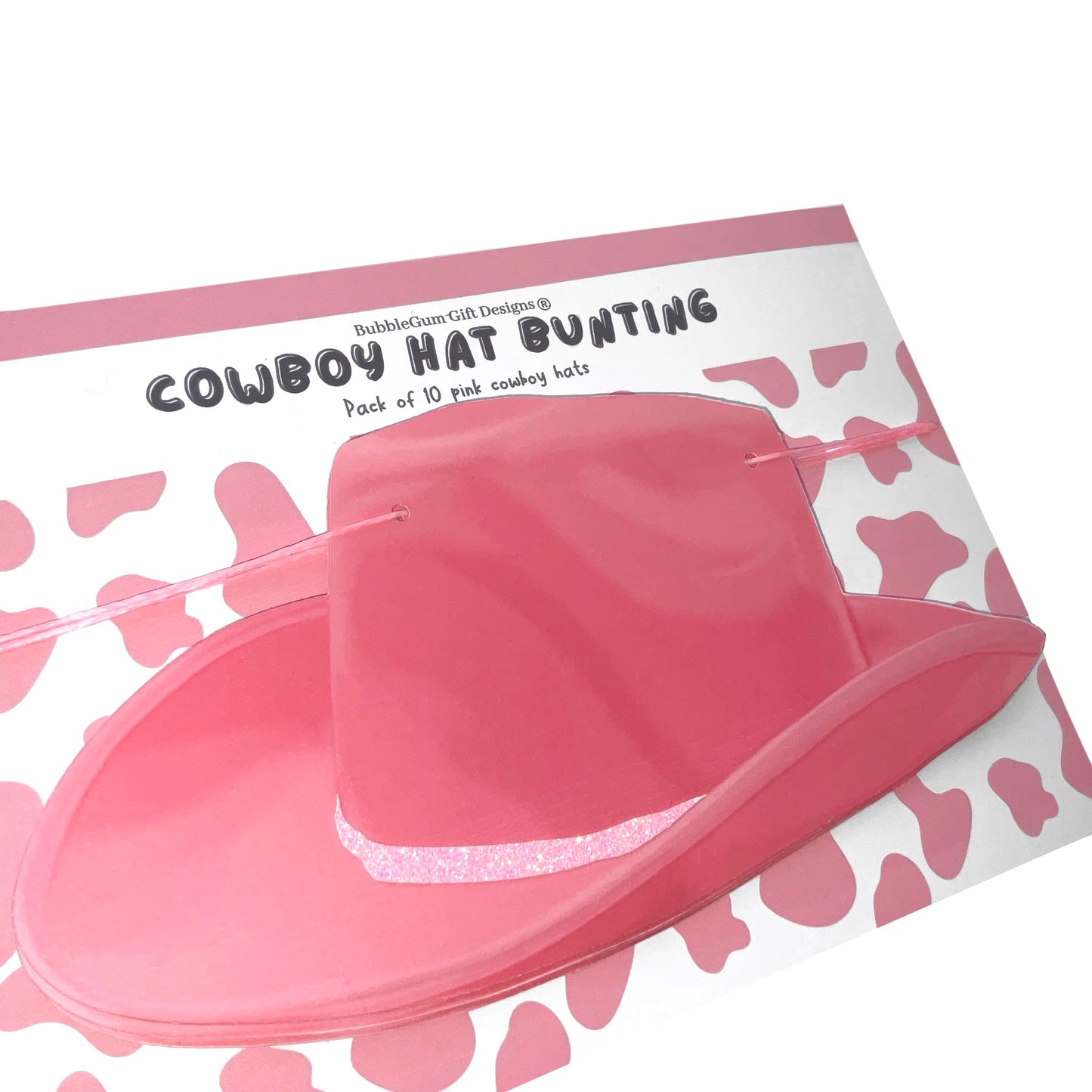 Pink cowgirl hat bunting banner, Rodeo bachelorette decorations with pink glitter or cow print hat band, Hand drawn