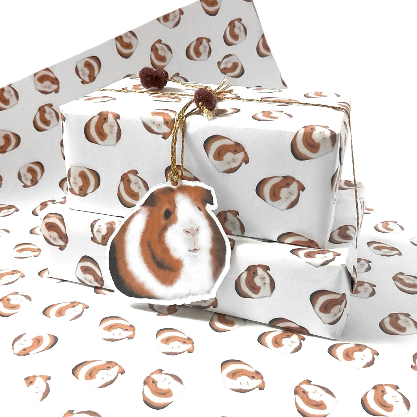 A3 Cute Guinea Pigs Gift Wrap Paper Sheet & Tag with Pom Poms