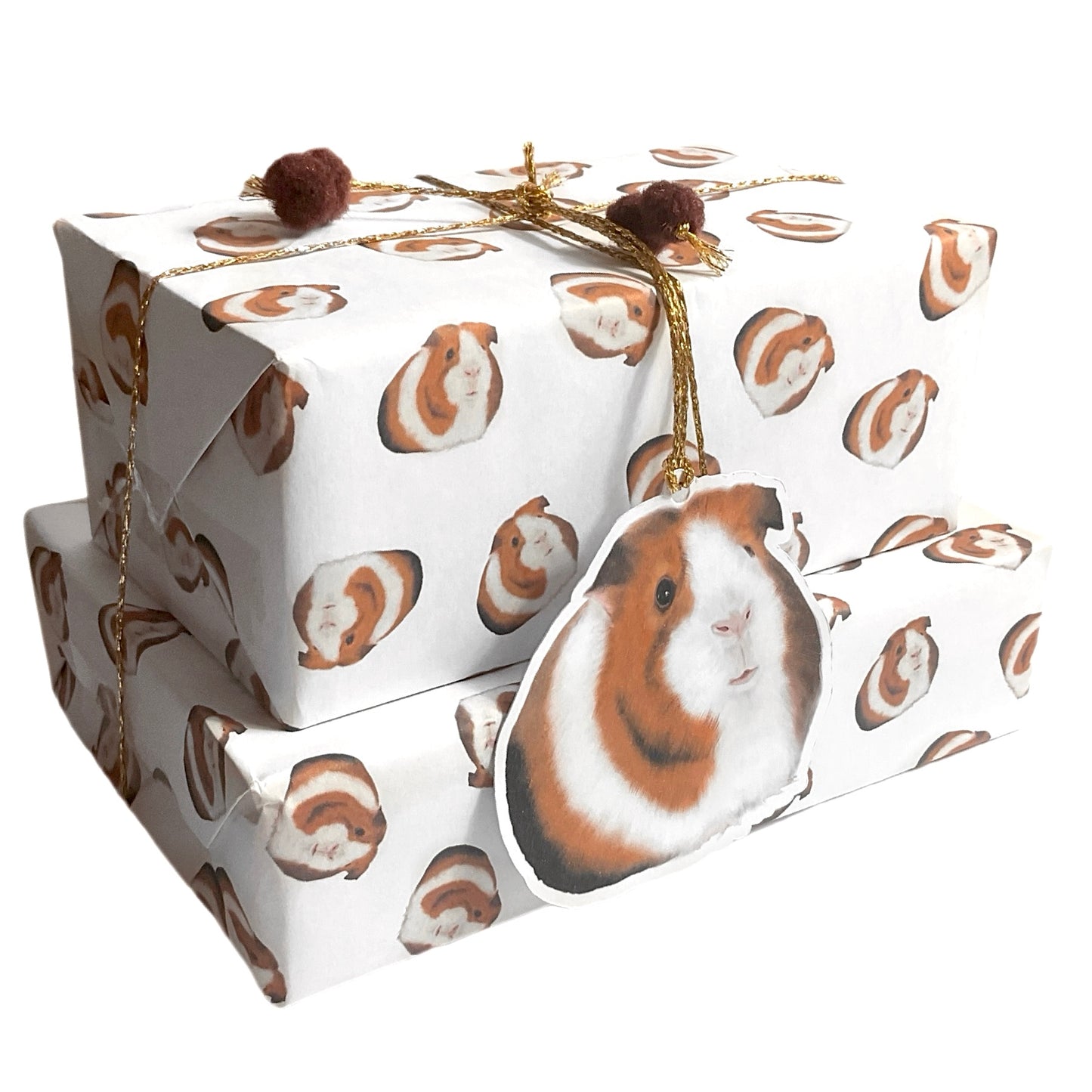 A3 Cute Guinea Pigs Gift Wrap Paper Sheet & Tag with Pom Poms