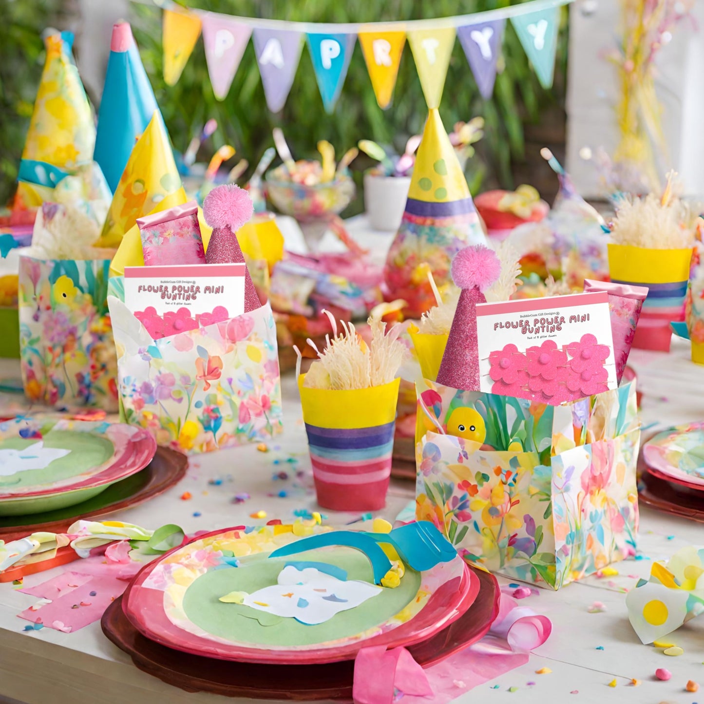 Mini Pink Glitter Daisy Bunting – Retro Groovy Party Decor