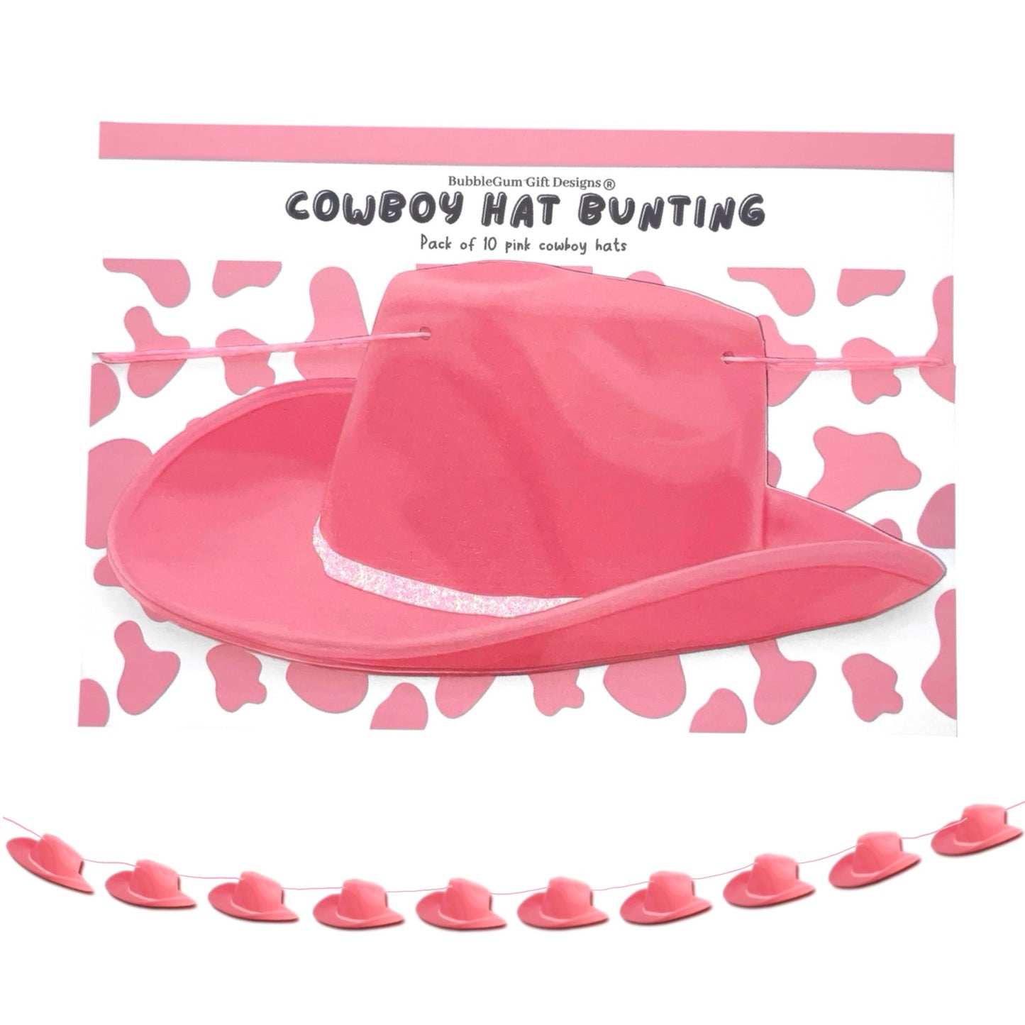 Pink cowgirl hat bunting banner, Rodeo bachelorette decorations with pink glitter or cow print hat band, Hand drawn