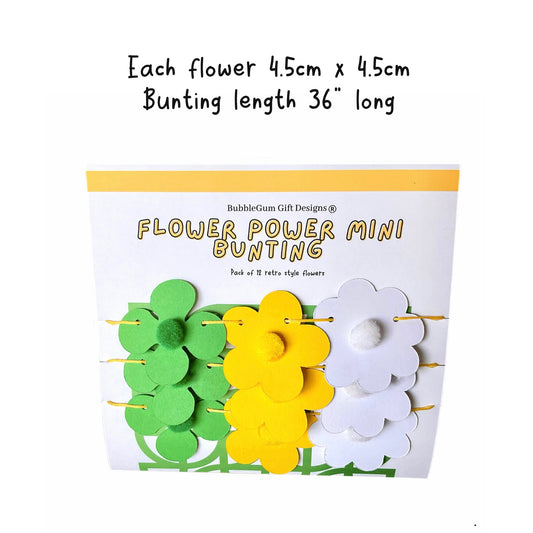Mini Retro Flower Bunting – Green & Yellow 70s Daisy Garland with Pom Pom centres