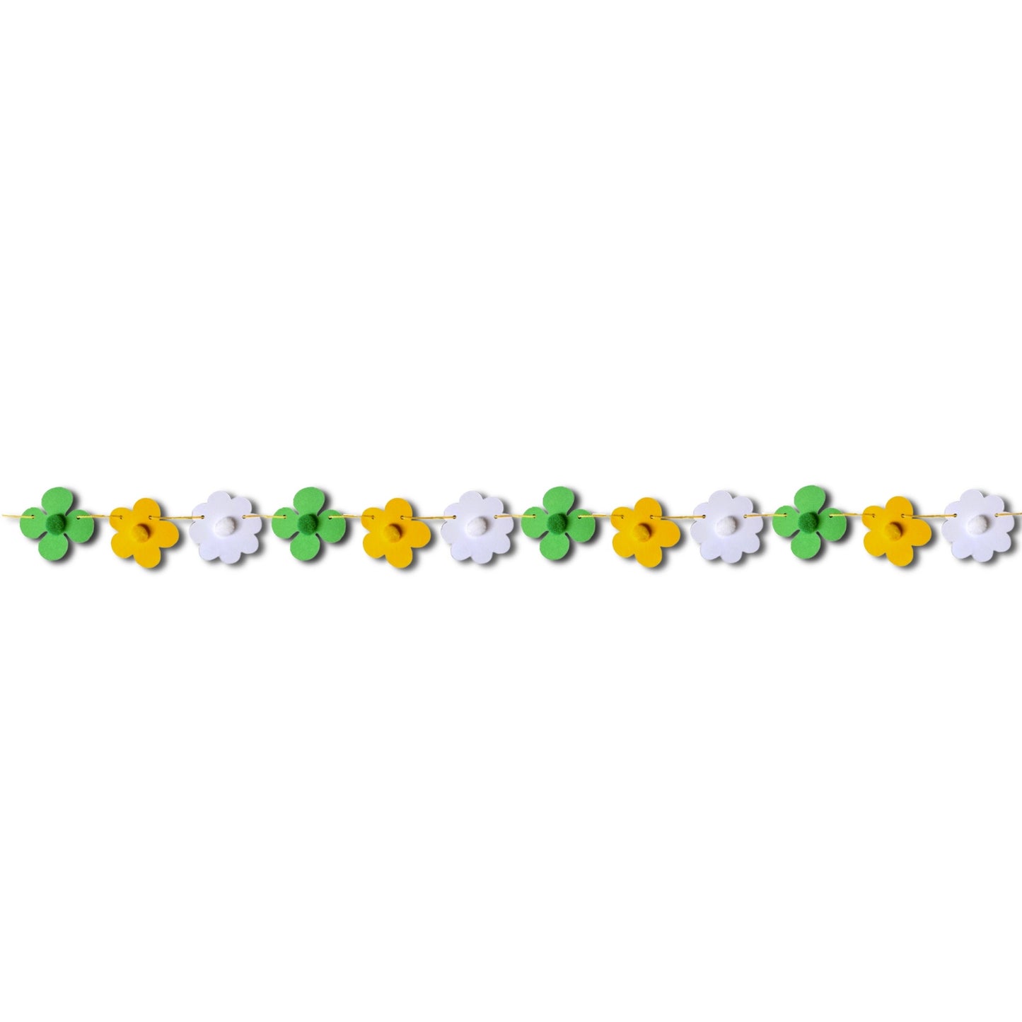 Mini Retro Flower Bunting – Green & Yellow 70s Daisy Garland with Pom Pom centres