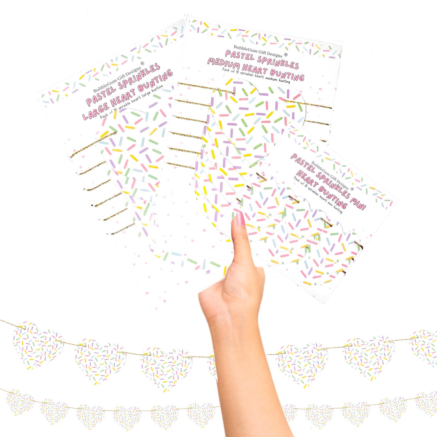 Baby sprinkle bunting Heart shaped garland Pastel hundreds and thousands birthday party decorations Fun sprinkles wall decorations