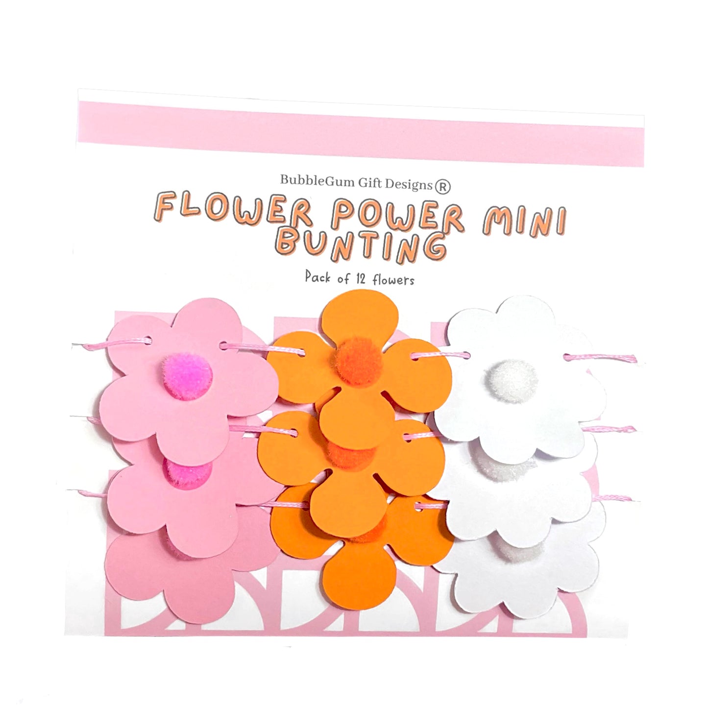 Mini Retro Pink & Orange Flower Garland – 70s-Inspired Bunting with Pom Pom Centres for Groovy Decor