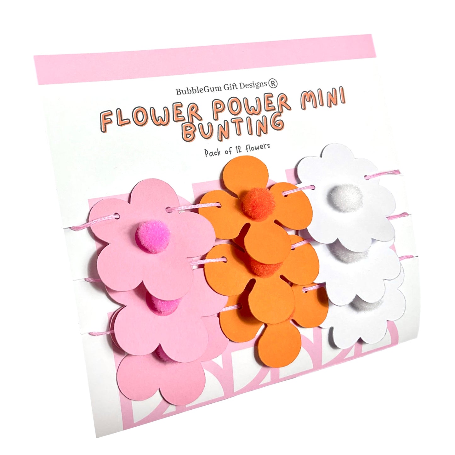 Mini Retro Pink & Orange Flower Garland – 70s-Inspired Bunting with Pom Pom Centres for Groovy Decor
