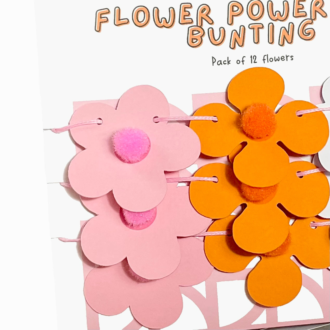 Mini Retro Pink & Orange Flower Garland – 70s-Inspired Bunting with Pom Pom Centres for Groovy Decor
