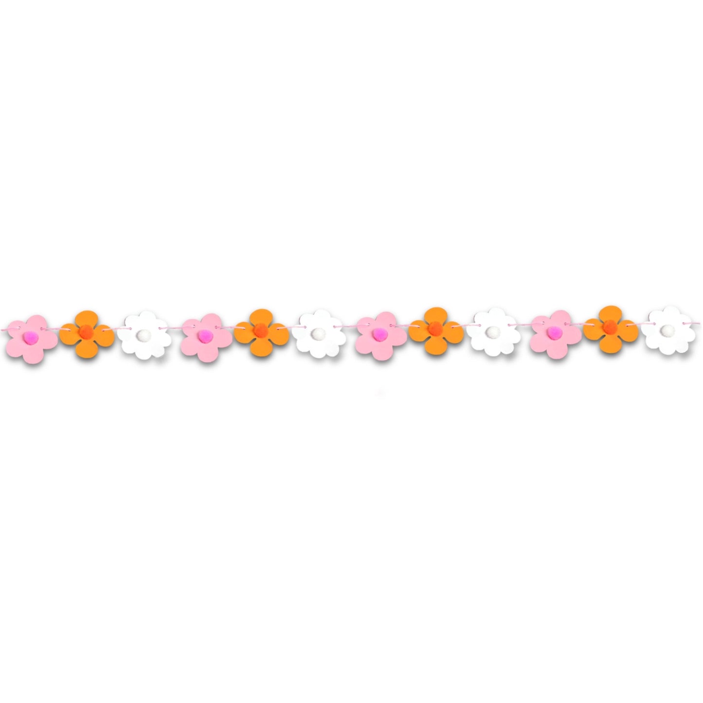 Mini Retro Pink & Orange Flower Garland – 70s-Inspired Bunting with Pom Pom Centres for Groovy Decor