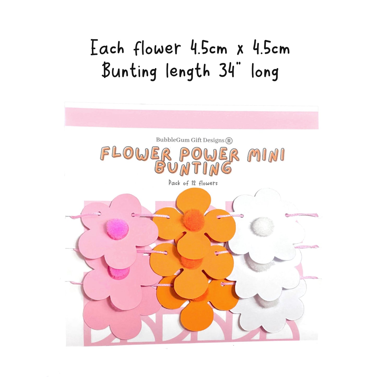 Mini Retro Pink & Orange Flower Garland – 70s-Inspired Bunting with Pom Pom Centres for Groovy Decor