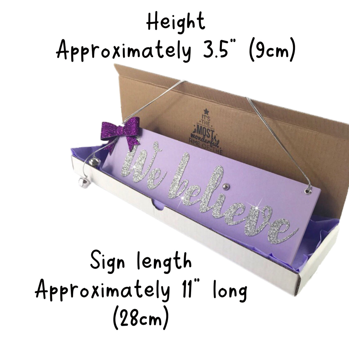 We Believe Wooden MDF Hanging Christmas Sign Purples 11x3.5"