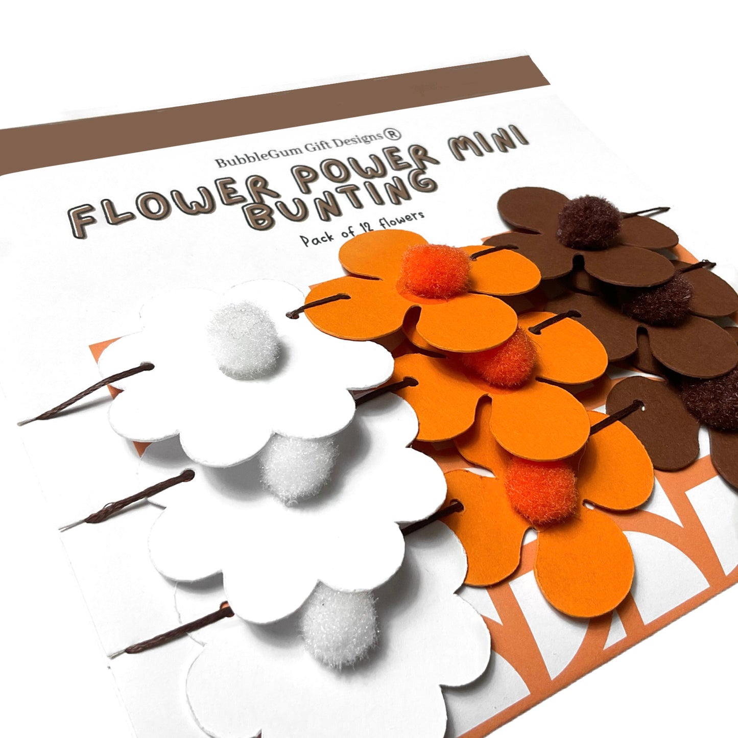 Mini Autumn Flower Garland 70s Retro Bunting Brown Orange & White