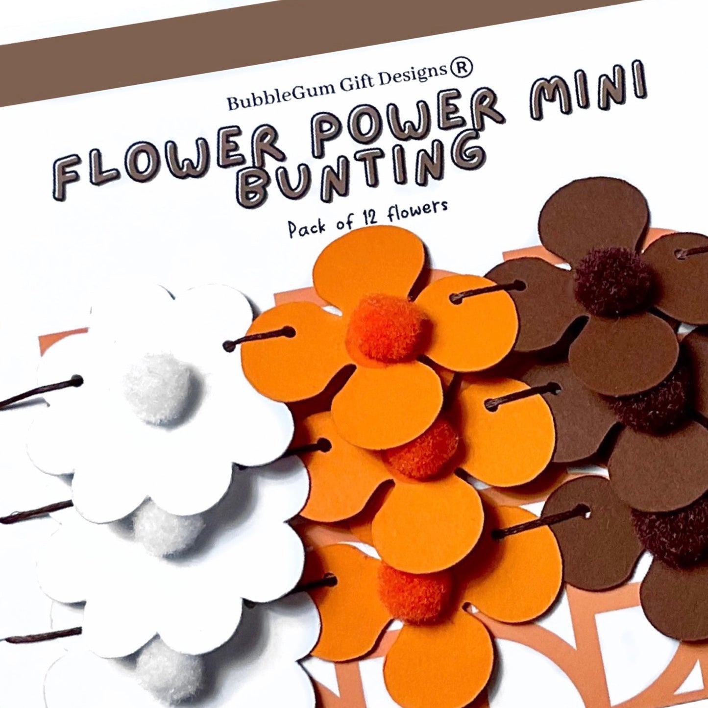 Mini Autumn Flower Garland 70s Retro Bunting Brown Orange & White