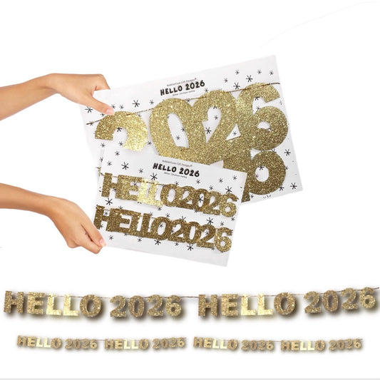 Hello 2026 New Year gold glitter mini bunting, New Years Eve decoration sparkly lettering NYE 2026