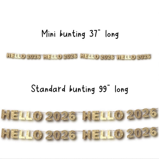 Hello 2026 New Year gold glitter mini bunting, New Years Eve decoration sparkly lettering NYE 2026