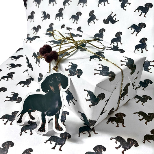 A3 Cute Sausage Dog Dachshund Gift Wrap Paper Sheet & Tag with Pom Poms