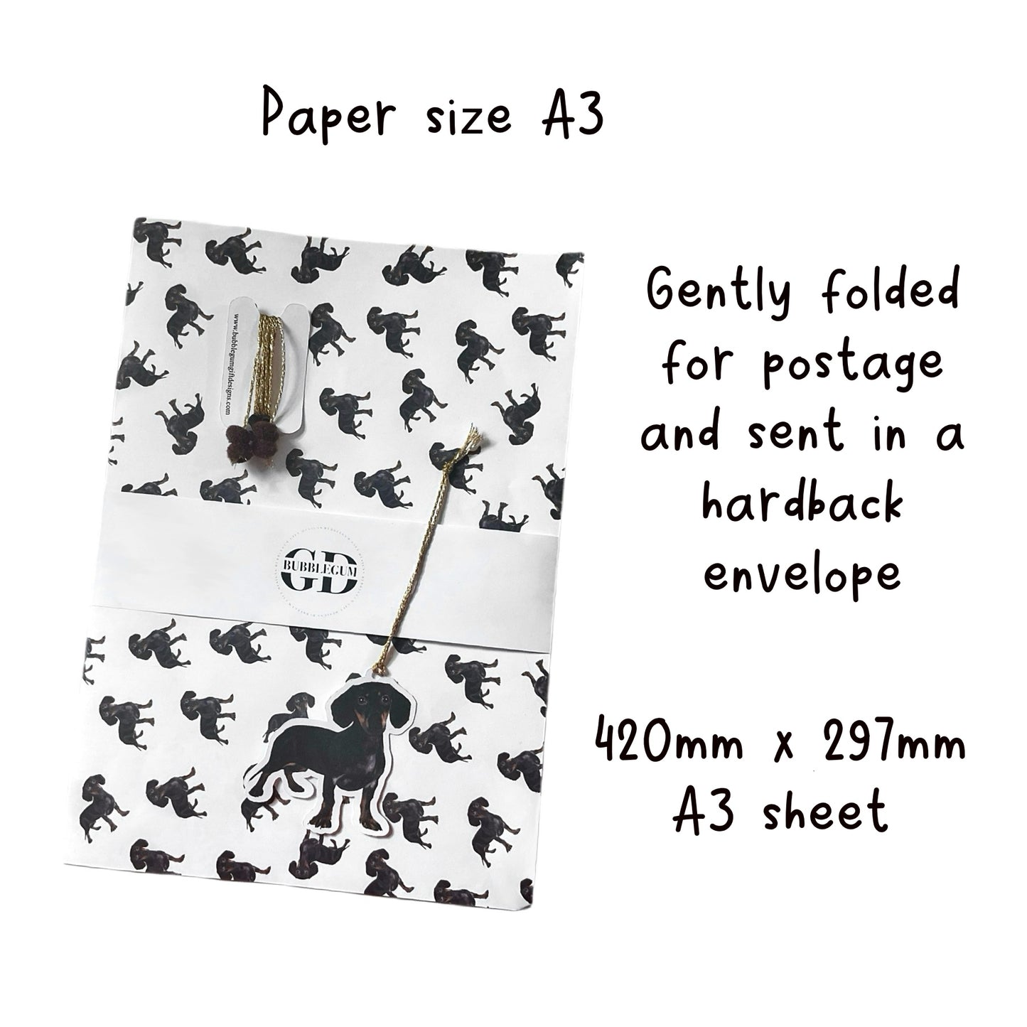 A3 Cute Sausage Dog Dachshund Gift Wrap Paper Sheet & Tag with Pom Poms