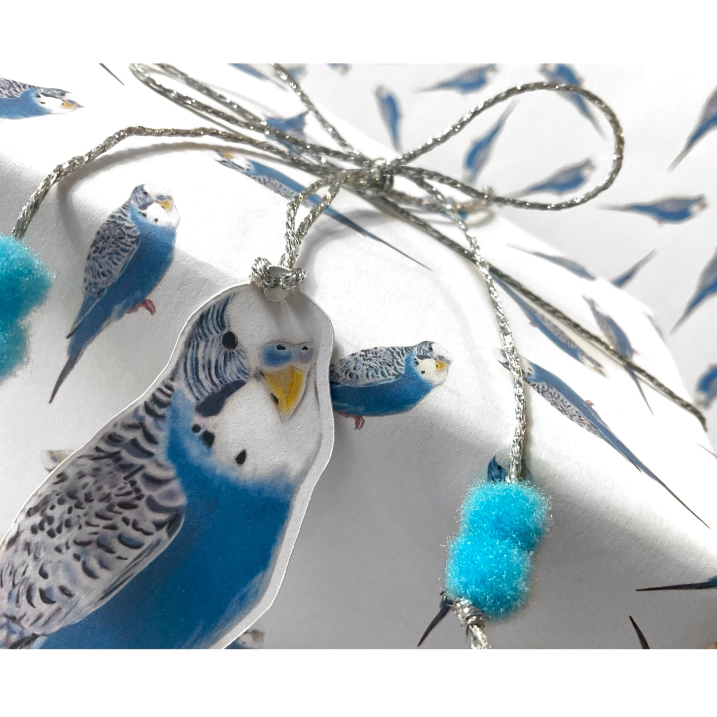 A3 Blue Budgie Budgerigar Gift Wrap Paper Sheet & Tag with Pom Poms