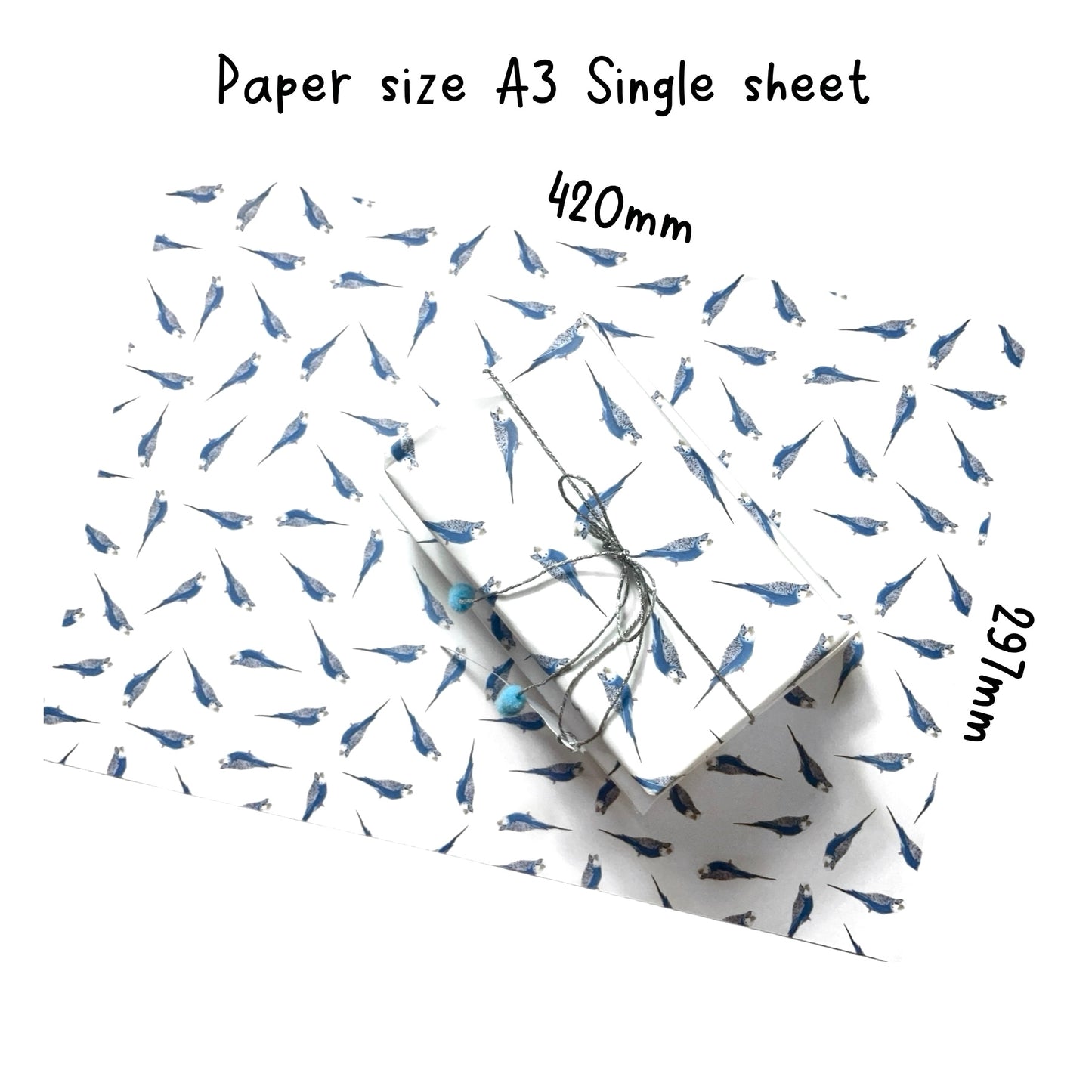 A3 Blue Budgie Budgerigar Gift Wrap Paper Sheet & Tag with Pom Poms