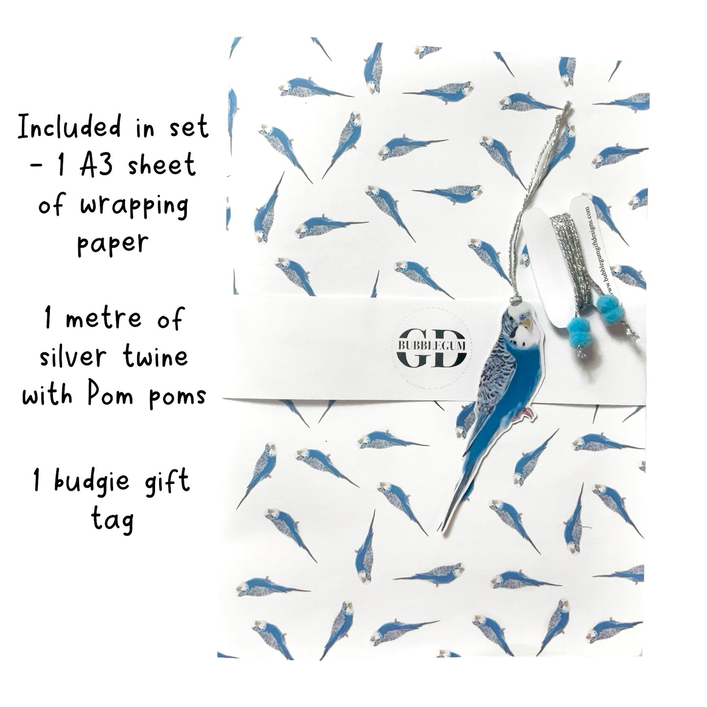 A3 Blue Budgie Budgerigar Gift Wrap Paper Sheet & Tag with Pom Poms
