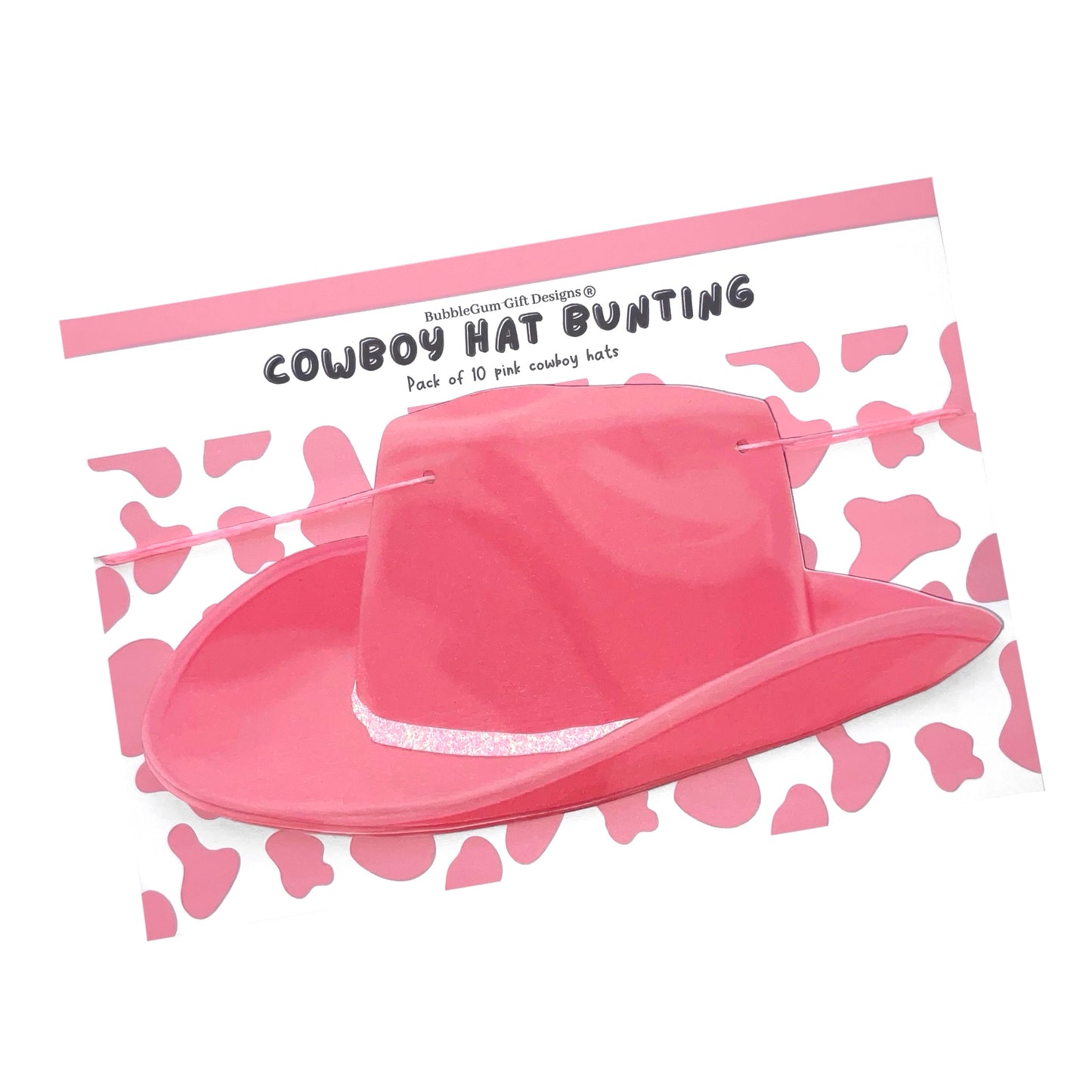Pink cowgirl hat bunting banner, Rodeo bachelorette decorations with pink glitter or cow print hat band, Hand drawn