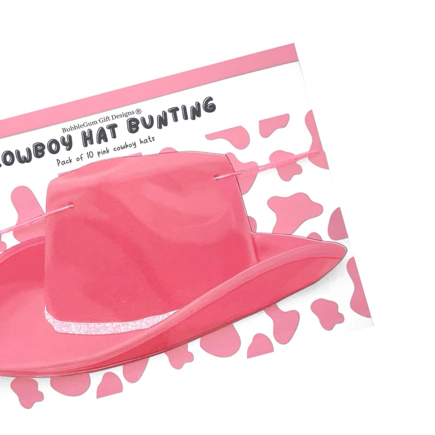 Pink cowgirl hat bunting banner, Rodeo bachelorette decorations with pink glitter or cow print hat band, Hand drawn