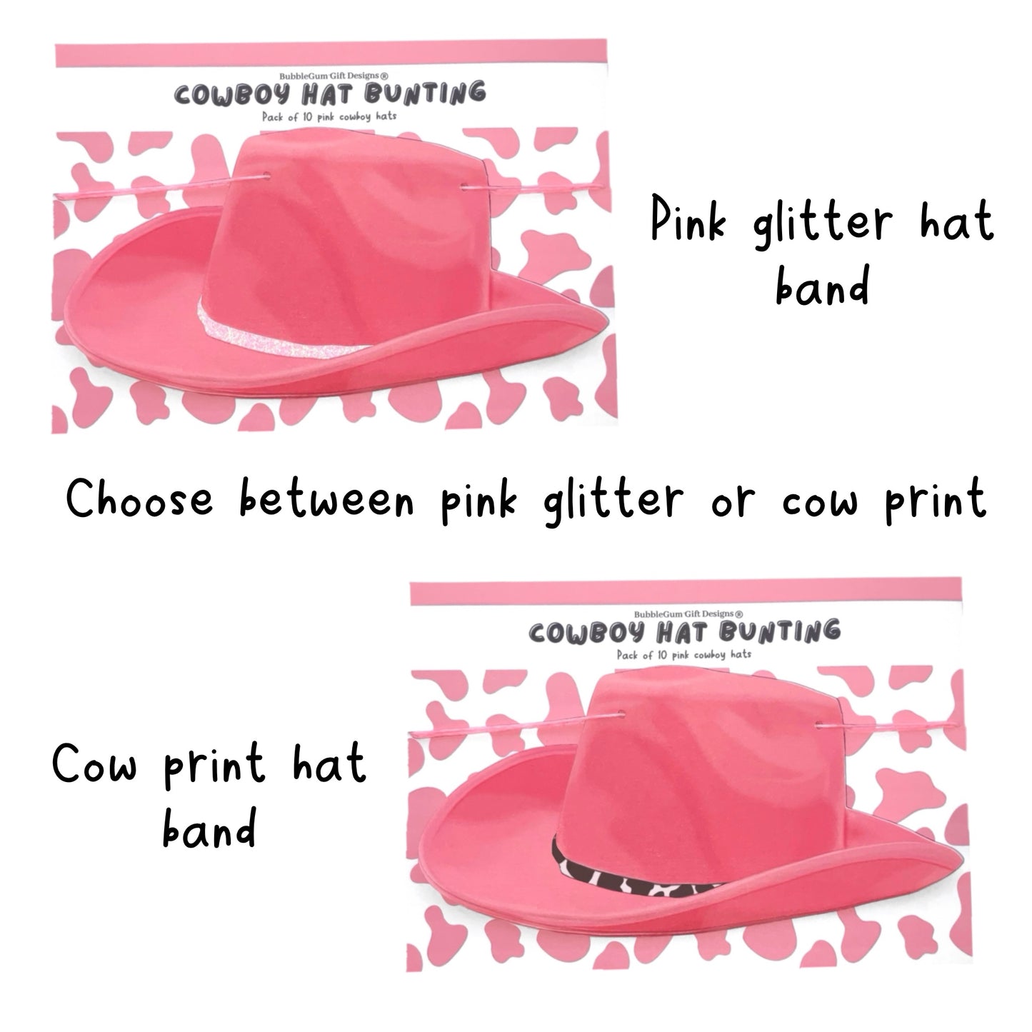 Pink cowgirl hat bunting banner, Rodeo bachelorette decorations with pink glitter or cow print hat band, Hand drawn