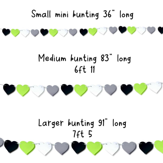 Agender pride month decorations Black white grey green love heart bunting Colour block heart garland Genderless pride wall decor
