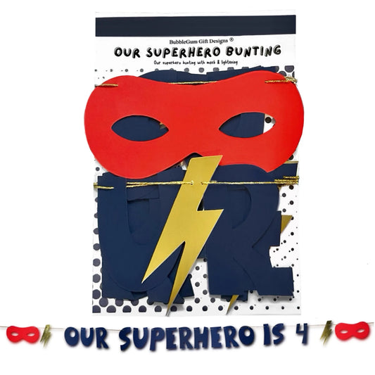 Our superhero is... Birthday age bunting with gold lightning bolt and eye mask personalised