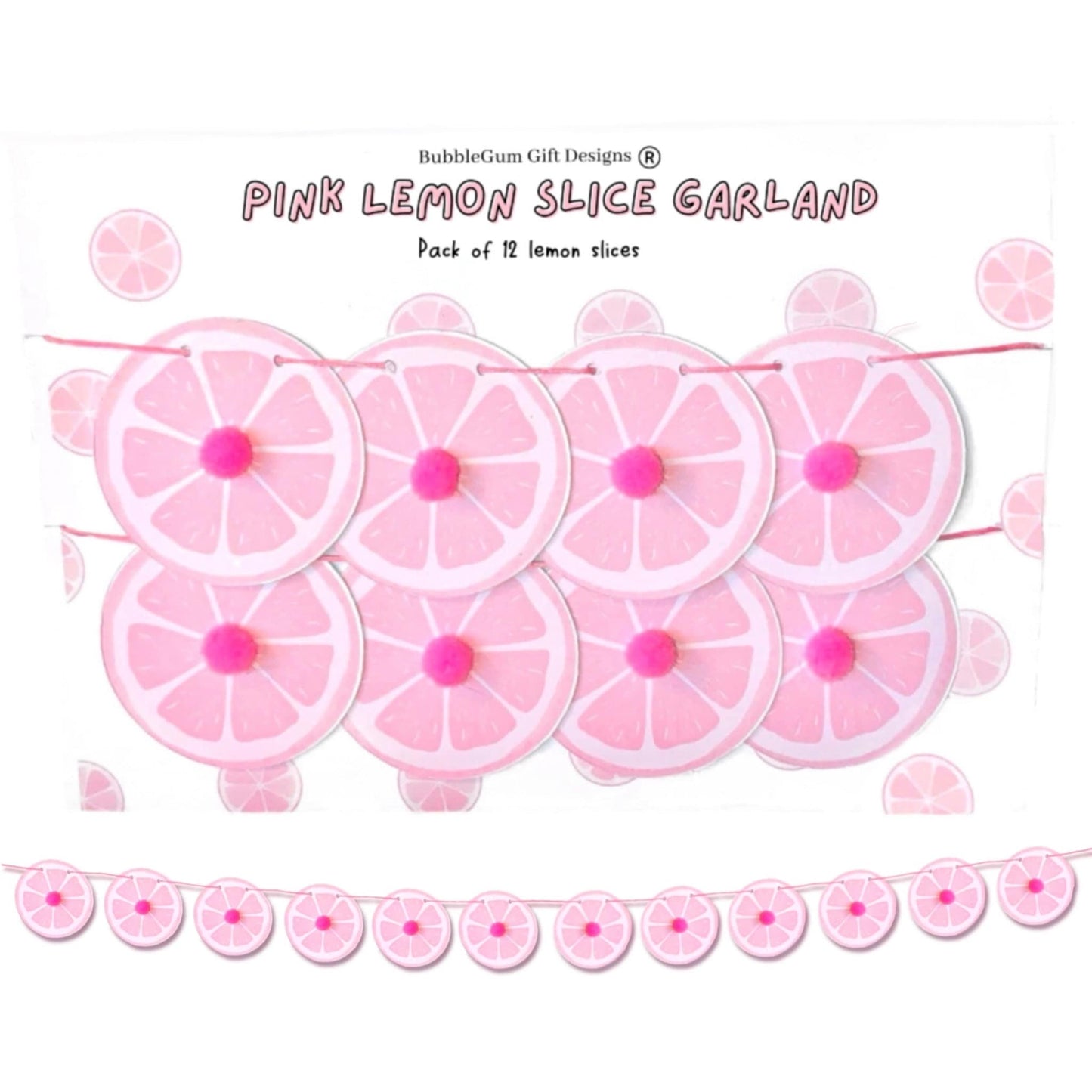 Pink lemon mini garland with pom poms Lemon decor for pink lemonade party or Summer Birthday Mini lemon