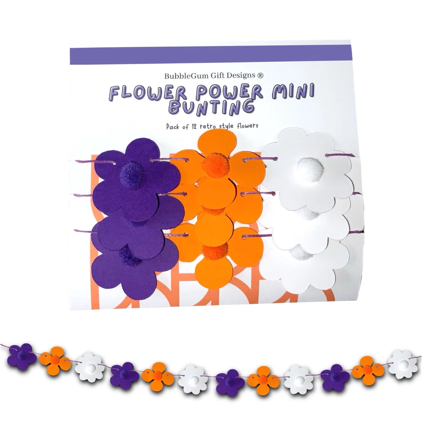 Mini Purple and Orange Flower Power Mini Bunting Groovy Flower Hanging Decoration Retro Flower Garland with Pom Pom Centre Pre threaded Sleepover Party Bag Fillers for Girls