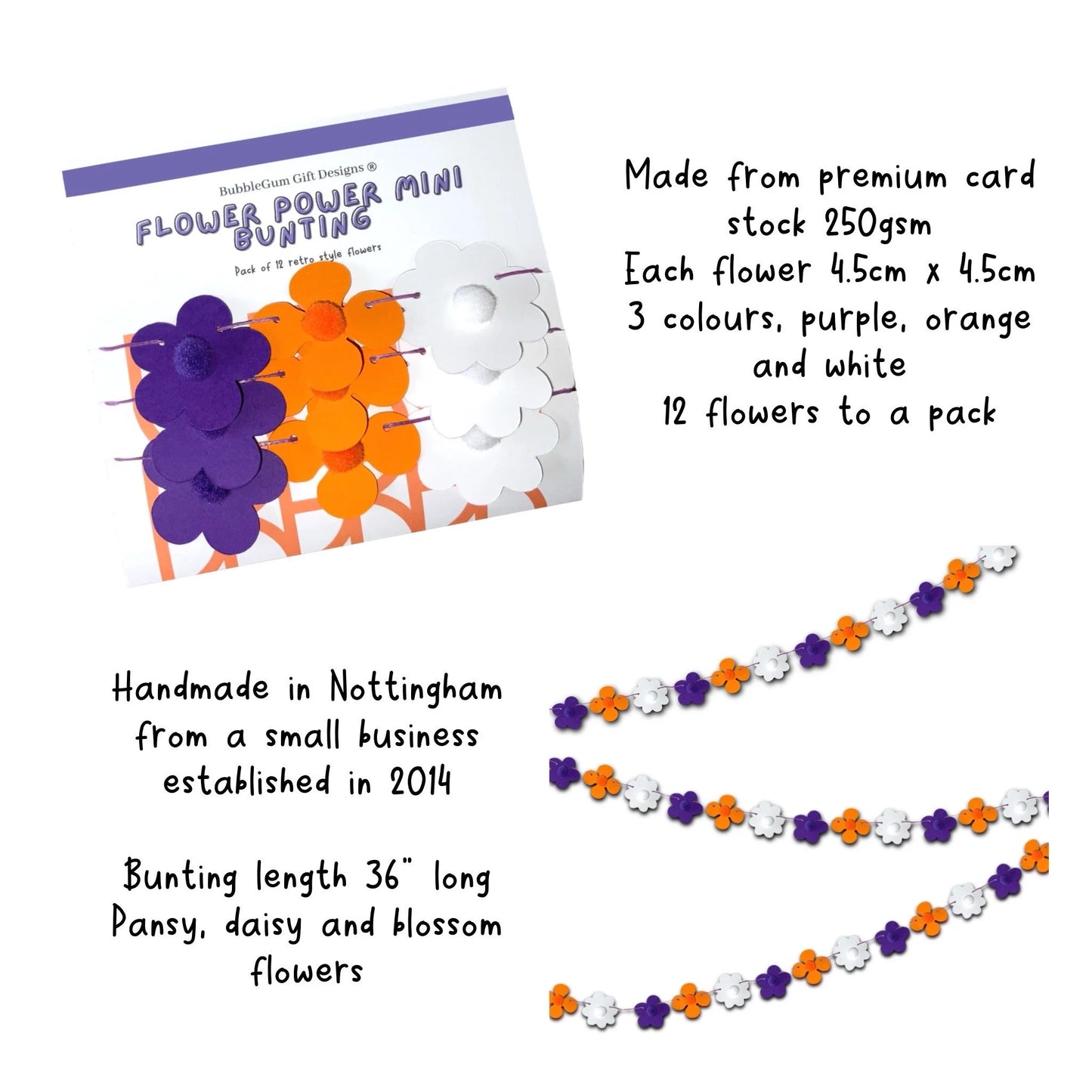 Mini Purple and Orange Flower Power Mini Bunting Groovy Flower Hanging Decoration Retro Flower Garland with Pom Pom Centre Pre threaded Sleepover Party Bag Fillers for Girls