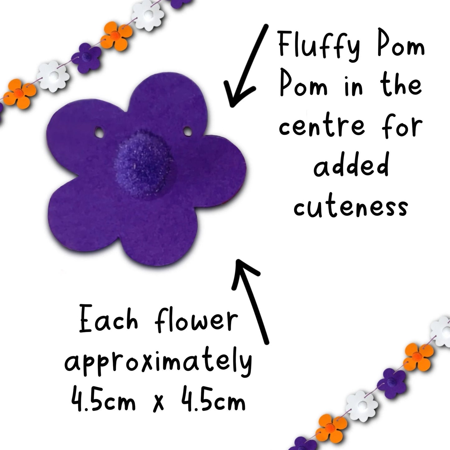 Mini Purple and Orange Flower Power Mini Bunting Groovy Flower Hanging Decoration Retro Flower Garland with Pom Pom Centre Pre threaded Sleepover Party Bag Fillers for Girls