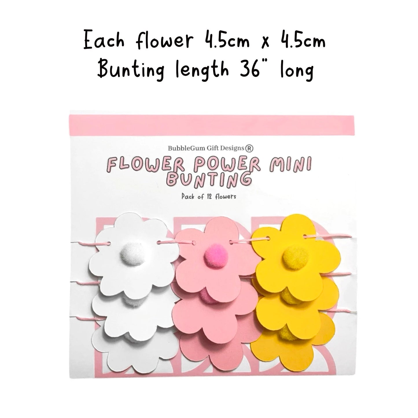 Mini Pink and Yellow Flower Power Mini Bunting Retro Groovy Flower Garland with Pom Pom Centres Cute 60s Flower hanging decoration Pre threaded Sleepover Party bag fillers for girls