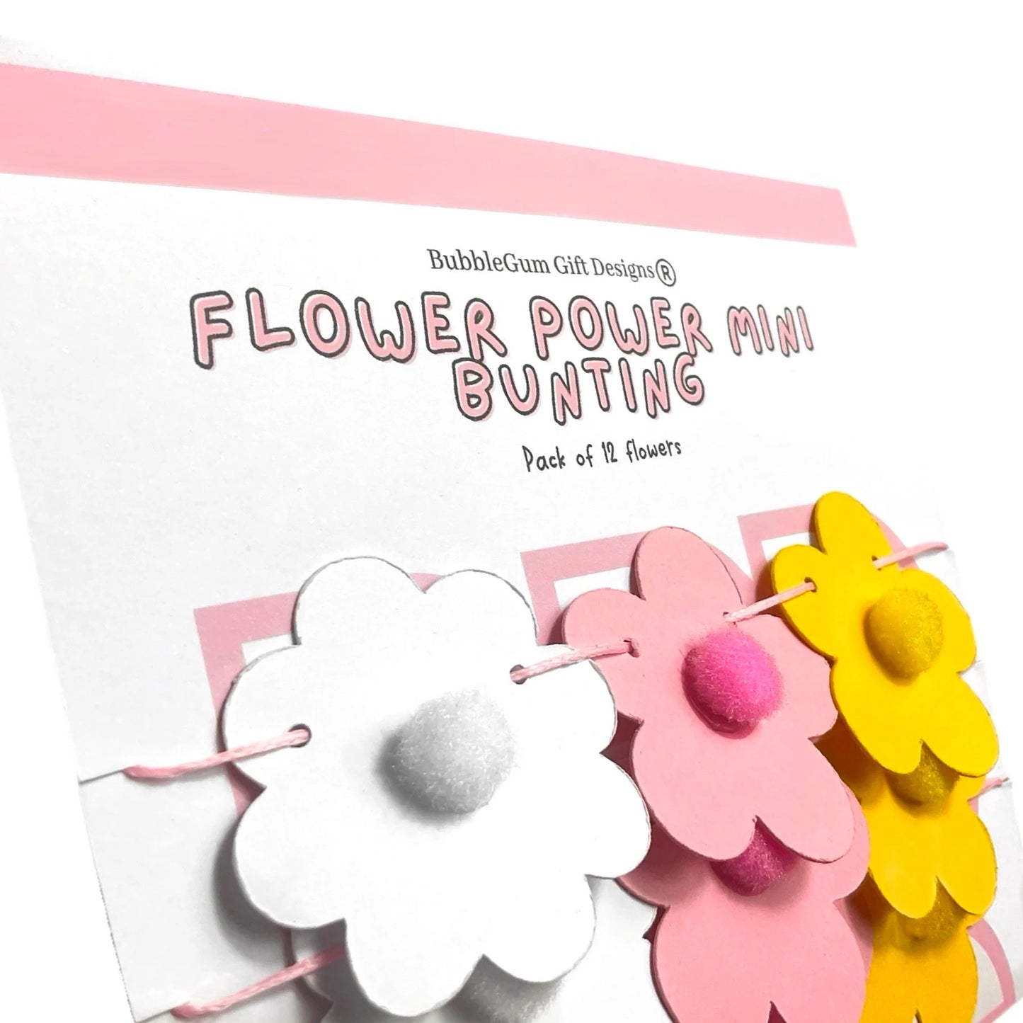 Mini Pink and Yellow Flower Power Mini Bunting Retro Groovy Flower Garland with Pom Pom Centres Cute 60s Flower hanging decoration Pre threaded Sleepover Party bag fillers for girls